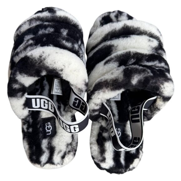 UGG Women's Size 7 Black & White Fluffy Oh Yeah Slippers With Elastic Strap - Picture 2 of 10